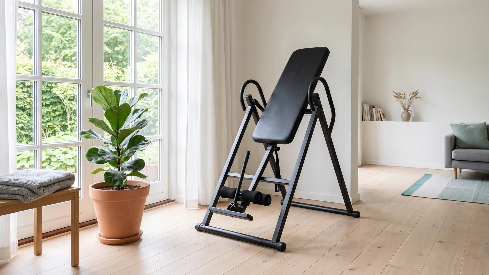 Inversion table beside a bright window with a potted plant